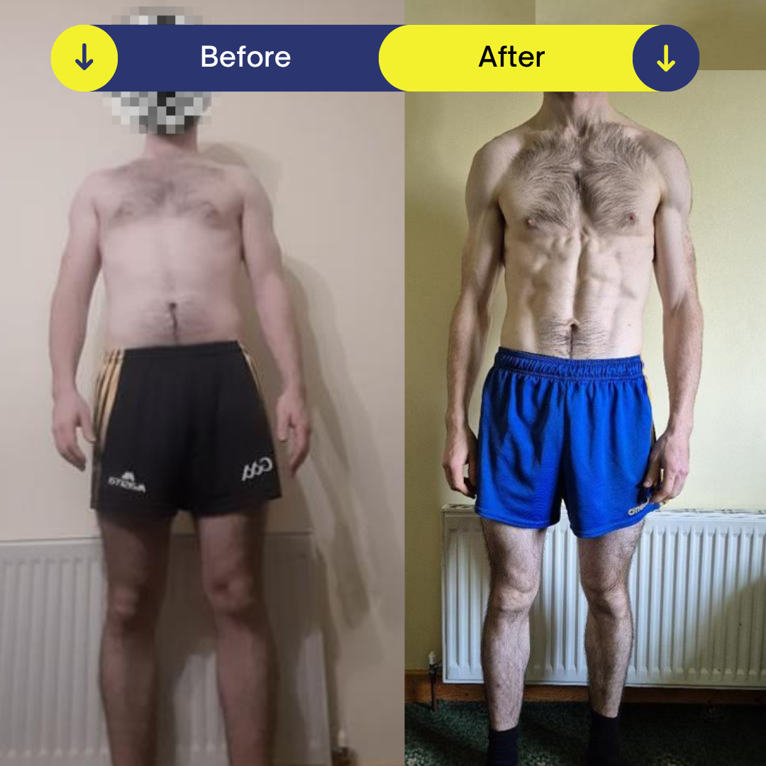 Before and after body transformation of a Performance Club member